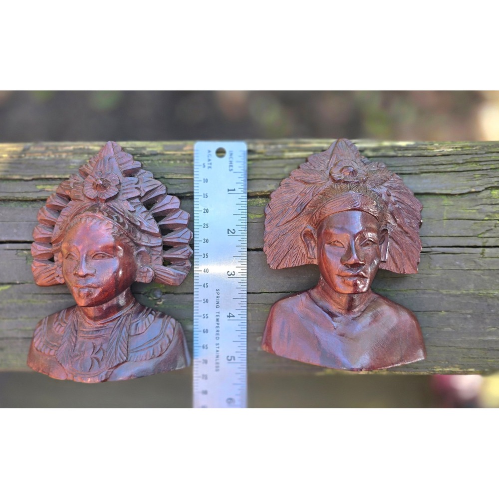 Vintage Indonesian Hand Carved‎ Wooden Man & Woman Busts - 9" Tall